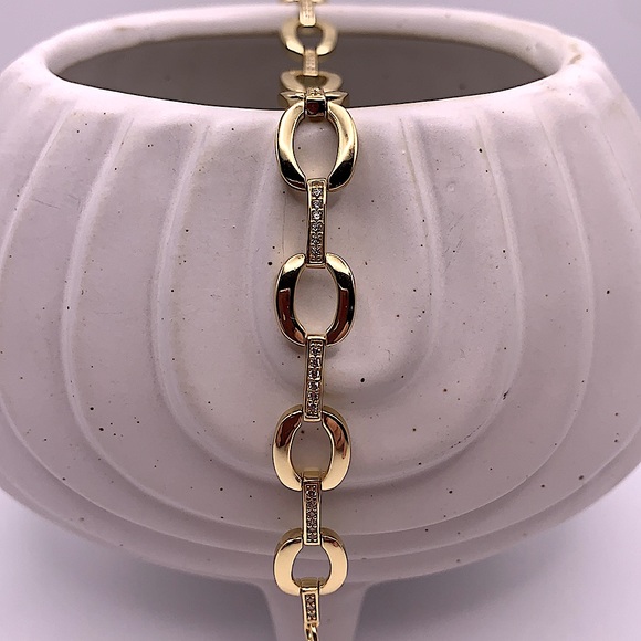 Gold Oval Link Bracelet With Cubic Zirconia Bars - NEW - Picture 1 of 4